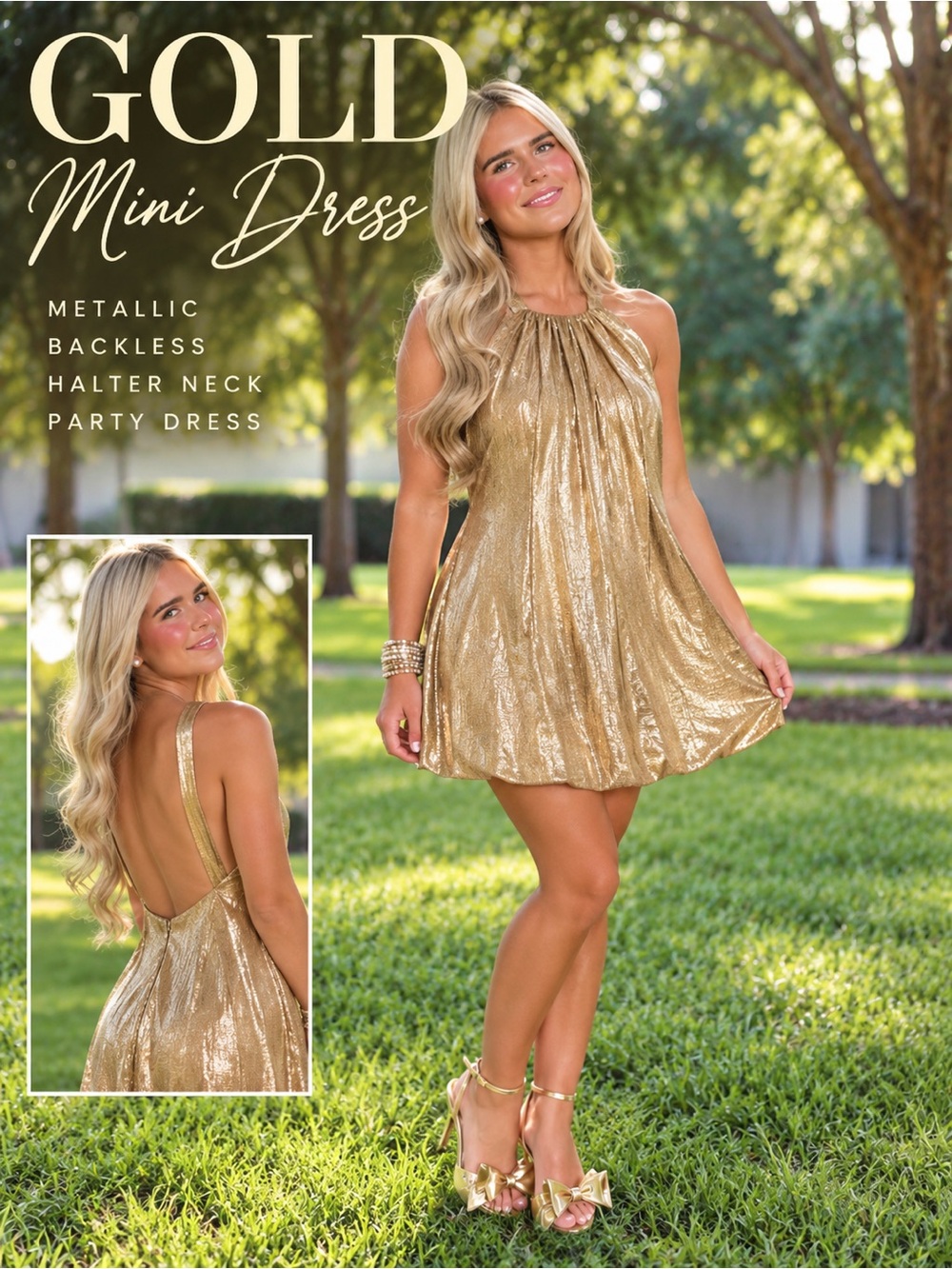 Gold Metallic Backless Halter Mini Bubble Hem Dress xs-s